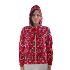 Red Background Christmas Hooded Wind Breaker (women) by Nexatart