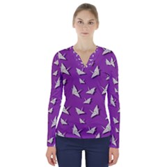 Paper Cranes Pattern V-neck Long Sleeve Top by Valentinaart