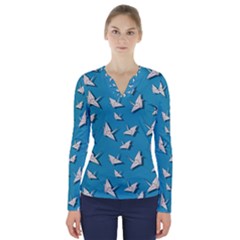 Paper Cranes Pattern V-neck Long Sleeve Top by Valentinaart