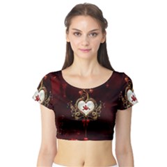 Wonderful Hearts With Dove Short Sleeve Crop Top by FantasyWorld7