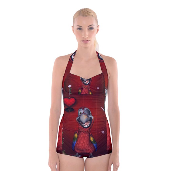 Funny, Cute Parrot With Butterflies Boyleg Halter Swimsuit 