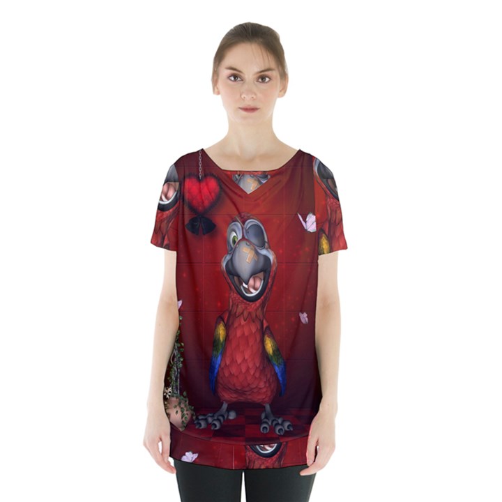 Funny, Cute Parrot With Butterflies Skirt Hem Sports Top