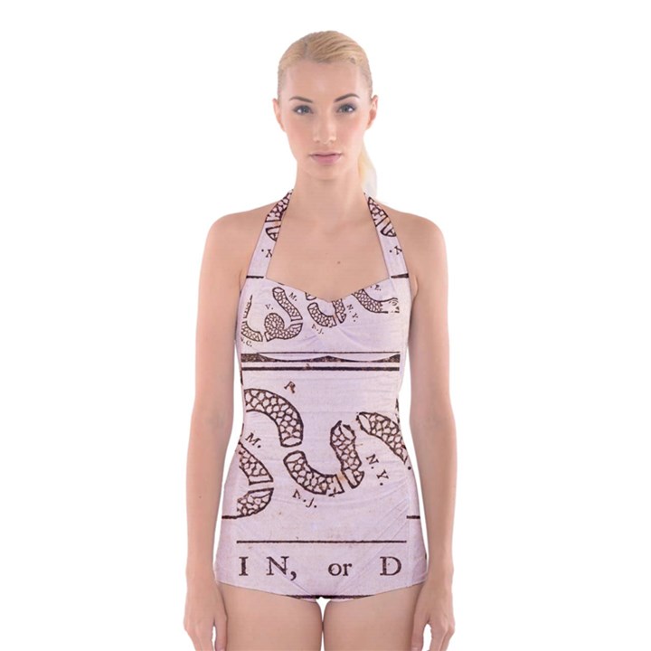 Original Design, Join or Die, Benjamin Franklin Political Cartoon Boyleg Halter Swimsuit 