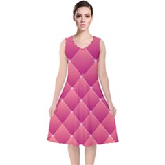 Pink Background Geometric Design V-neck Midi Sleeveless Dress 