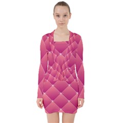 Pink Background Geometric Design V-neck Bodycon Long Sleeve Dress