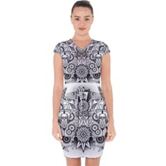 Forest Patrol Tribal Abstract Capsleeve Drawstring Dress 