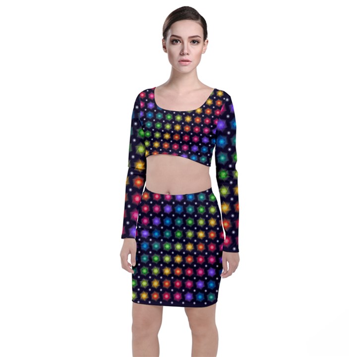 Background Colorful Geometric Long Sleeve Crop Top & Bodycon Skirt Set