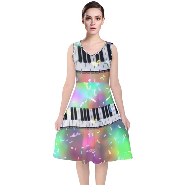 Piano Keys Music Colorful 3d V-Neck Midi Sleeveless Dress 