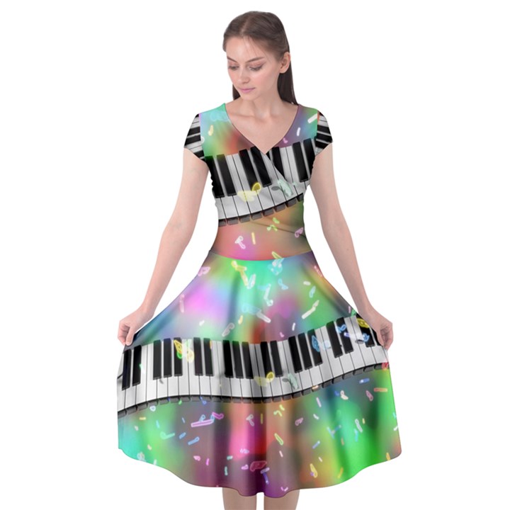 Piano Keys Music Colorful 3d Cap Sleeve Wrap Front Dress