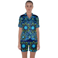 Mandala Blue Abstract Circle Satin Short Sleeve Pyjamas Set