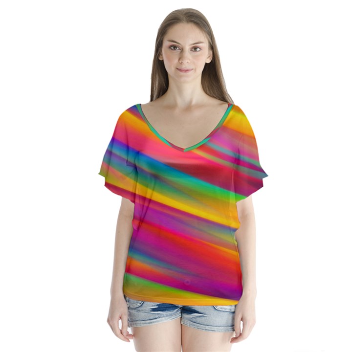 Colorful Background V-Neck Flutter Sleeve Top