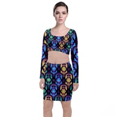 Pattern Background Bright Blue Long Sleeve Crop Top & Bodycon Skirt Set