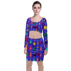 Colorful Background Stones Jewels Long Sleeve Crop Top & Bodycon Skirt Set