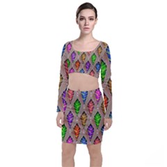 Abstract Background Colorful Leaves Long Sleeve Crop Top & Bodycon Skirt Set