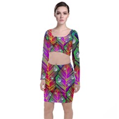 Abstract Background Colorful Leaves Long Sleeve Crop Top & Bodycon Skirt Set