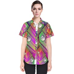 Abstract Background Colorful Leaves Women s Short Sleeve Shirt