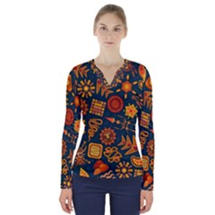 Pattern Background Ethnic Tribal V-neck Long Sleeve Top