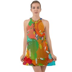 Background Colorful Abstract Halter Tie Back Chiffon Dress