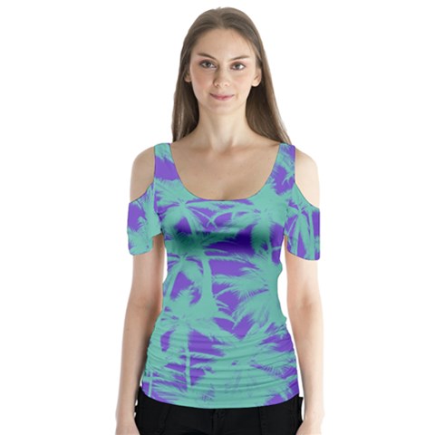 Electric Palm Tree Butterfly Sleeve Cutout Tee  by jumpercat