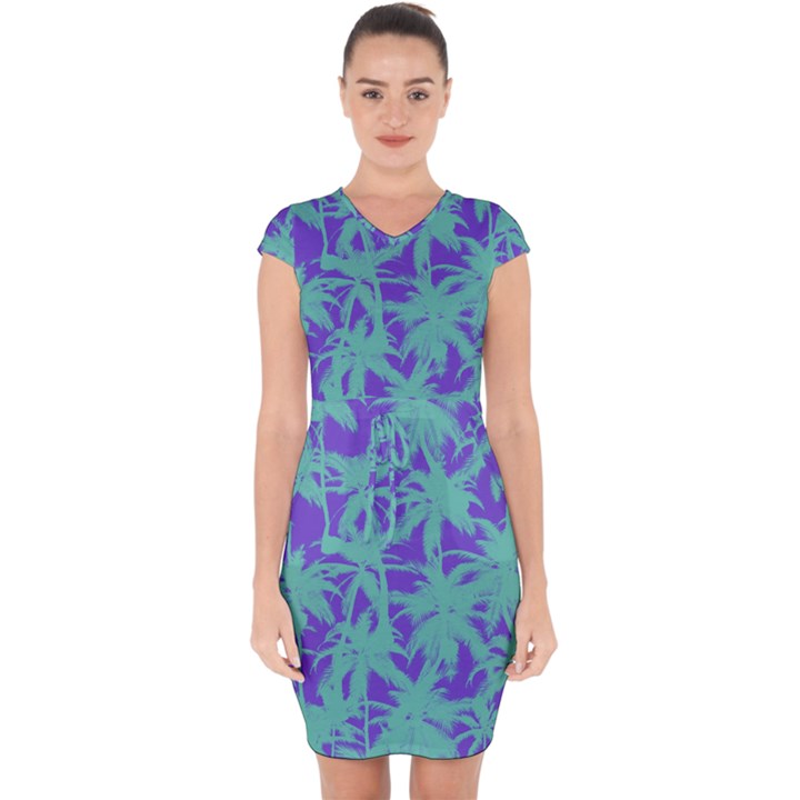 Electric Palm Tree Capsleeve Drawstring Dress 