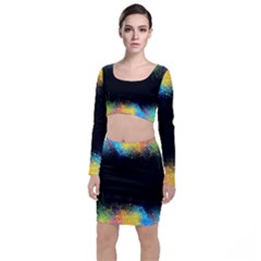 Frame Border Feathery Blurs Design Long Sleeve Crop Top & Bodycon Skirt Set