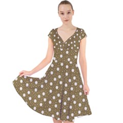 Floral Dots Brown Cap Sleeve Front Wrap Midi Dress