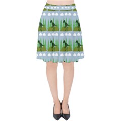 Dino In The Mountains Blue Velvet High Waist Skirt