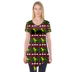 Dino In The Mountains Red Short Sleeve Tunic  by snowwhitegirl