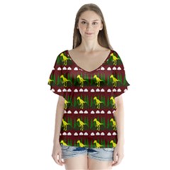 Dino In The Mountains Red V-neck Flutter Sleeve Top by snowwhitegirl