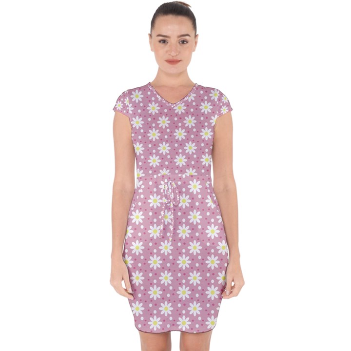 Daisy Dots Pink Capsleeve Drawstring Dress 