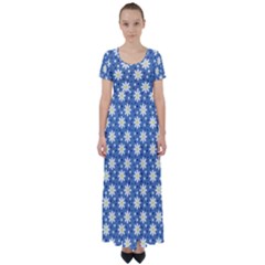 Daisy Dots Blue High Waist Short Sleeve Maxi Dress