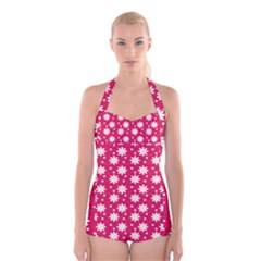 Daisy Dots Light Red Boyleg Halter Swimsuit  by snowwhitegirl