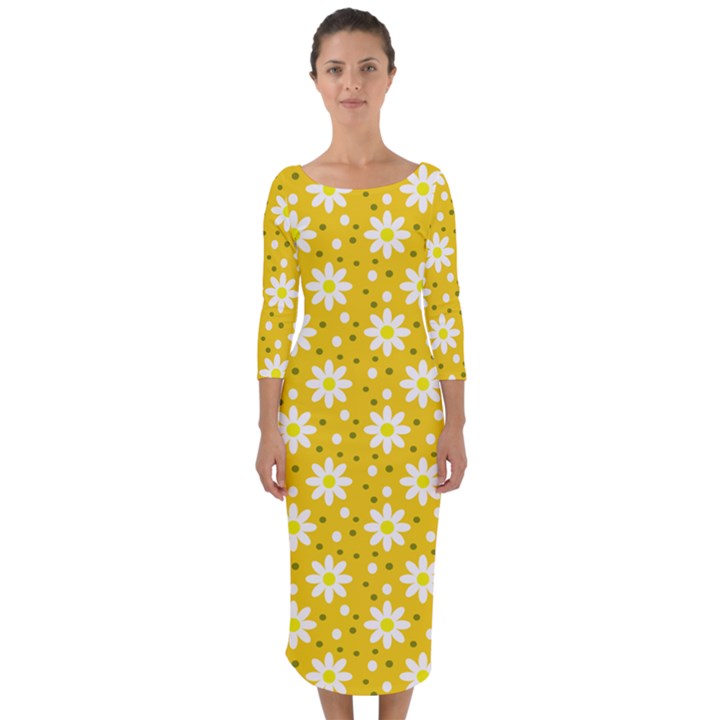 Daisy Dots Yellow Quarter Sleeve Midi Bodycon Dress