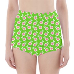 Square Flowers Green High-waisted Bikini Bottoms by snowwhitegirl