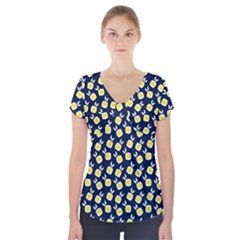 Square Flowers Navy Blue Short Sleeve Front Detail Top by snowwhitegirl