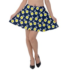 Square Flowers Navy Blue Velvet Skater Skirt