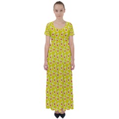 Square Flowers Yellow High Waist Short Sleeve Maxi Dress