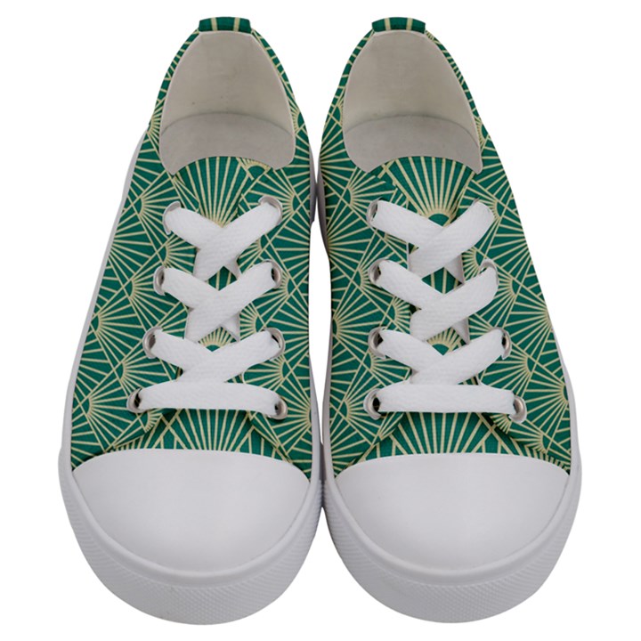 teal,beige,Art nouveau,vintage,original,belle époque,fan pattern,geometric,elegant,chic Kids  Low Top Canvas Sneakers