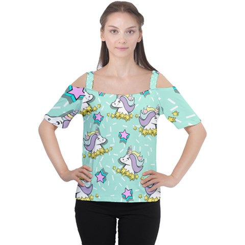 Magical Happy Unicorn And Stars Cutout Shoulder Tee by Bigfootshirtshop