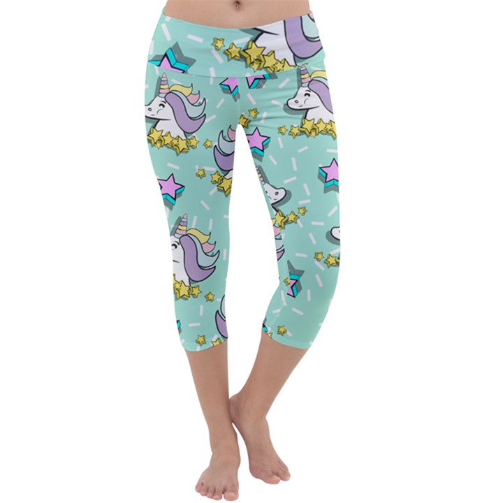 Magical Happy Unicorn And Stars Capri Yoga Leggings