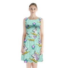 Magical Happy Unicorn And Stars Sleeveless Waist Tie Chiffon Dress by Bigfootshirtshop