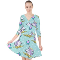 Magical Happy Unicorn And Stars Quarter Sleeve Front Wrap Dress	 by Bigfootshirtshop