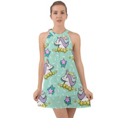 Magical Happy Unicorn And Stars Halter Tie Back Chiffon Dress by Bigfootshirtshop