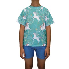 Magical Flying Unicorn Pattern Kids  Short Sleeve Swimwear by Bigfootshirtshop