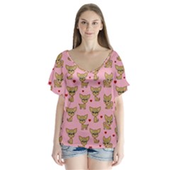 Chihuahua Pattern V-neck Flutter Sleeve Top by Valentinaart