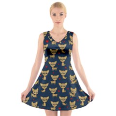 Chihuahua Pattern V-neck Sleeveless Skater Dress