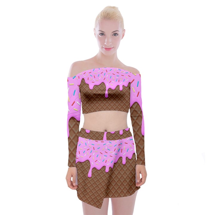 Chocolate And Strawberry Icecream Off Shoulder Top with Mini Skirt Set