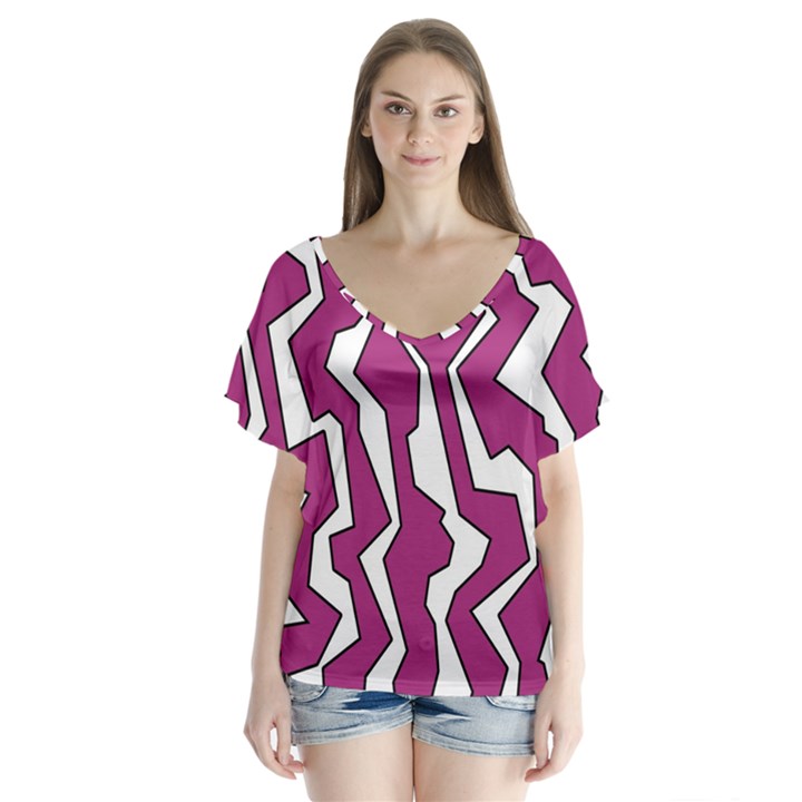 Electric Pink Polynoise V-Neck Flutter Sleeve Top