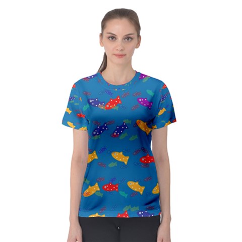 Fish Blue Background Pattern Texture Women s Sport Mesh Tee by Nexatart