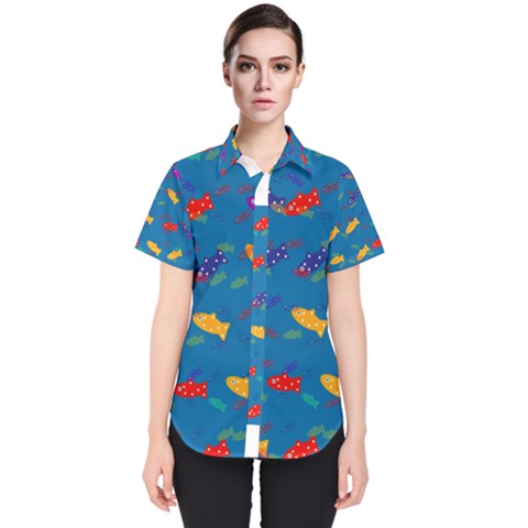 Fish Blue Background Pattern Texture Women s Short Sleeve Shirt by Nexatart